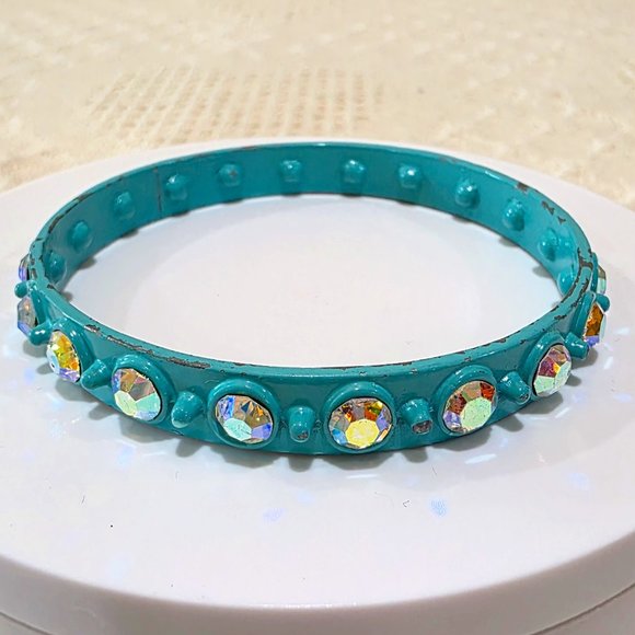 Vintage Retro Turquoise Metal Bangle Bracelet Aurora Borealis Glass Rhinestones - Picture 5 of 13